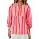 thumbnail image 3 of Blusa de Verano A Rayas con Cuello en V y Mangas Abullonadas para Mujer, Estilo Babydoll, Holgada e Informal Rosa L, 3 of 9