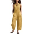 thumbnail image 2 of Linen Jumpsuits for Women Sleeveless Loose Wide Leg Long Pants V Neck Button Down Jumpsuits with Pockets, M, 2 of 4
