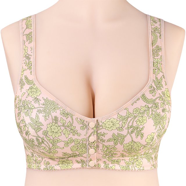 Dorinao Women's Flower Print Plus Size Without Ring Vest Style Front Button Underwear Bra, Beige, 36AB
