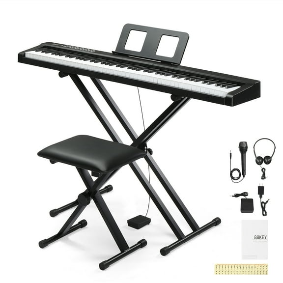 Ktaxon Digital Piano 88-Key Semi-Weighted Action, Electronic Keyboard Set with X Stand, Bench, 3-Pedal Unit for Beginners, Black