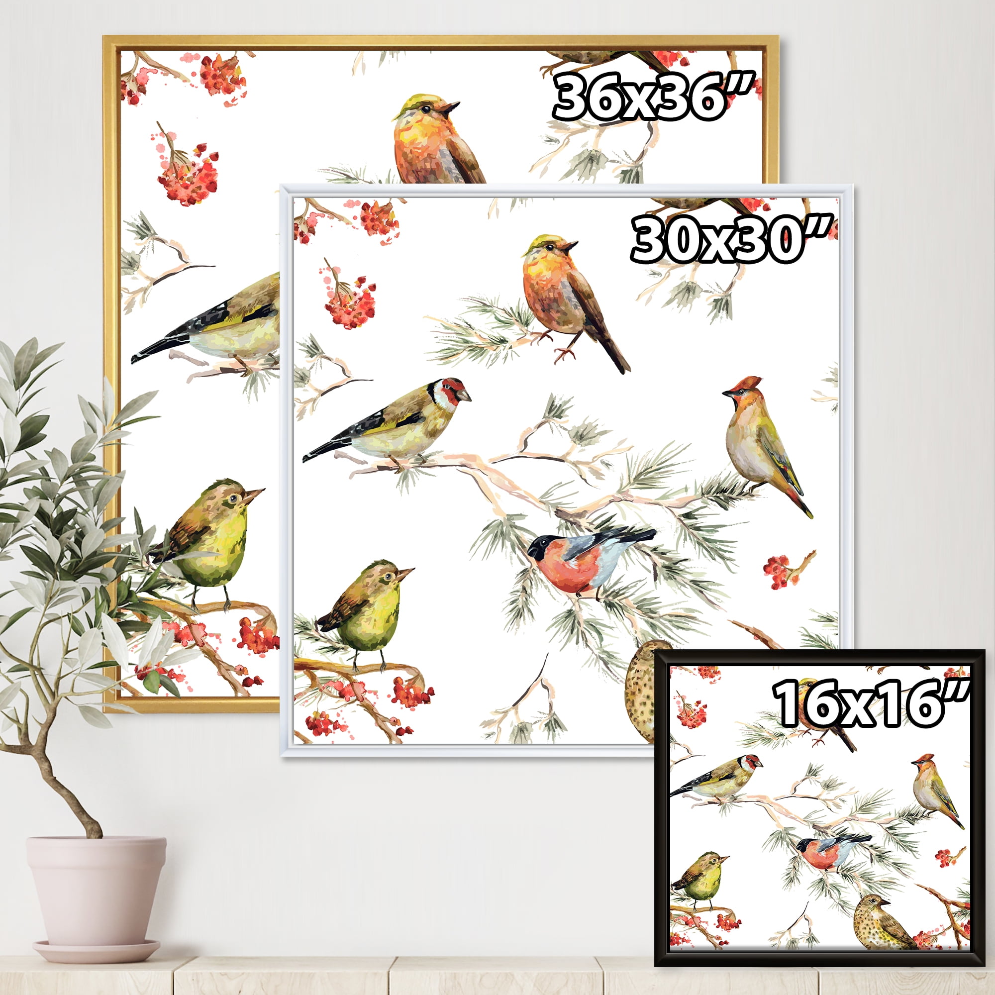 Designart 'Forest Birds Sitting On Branches' Traditional Framed Canvas Wall Art Print