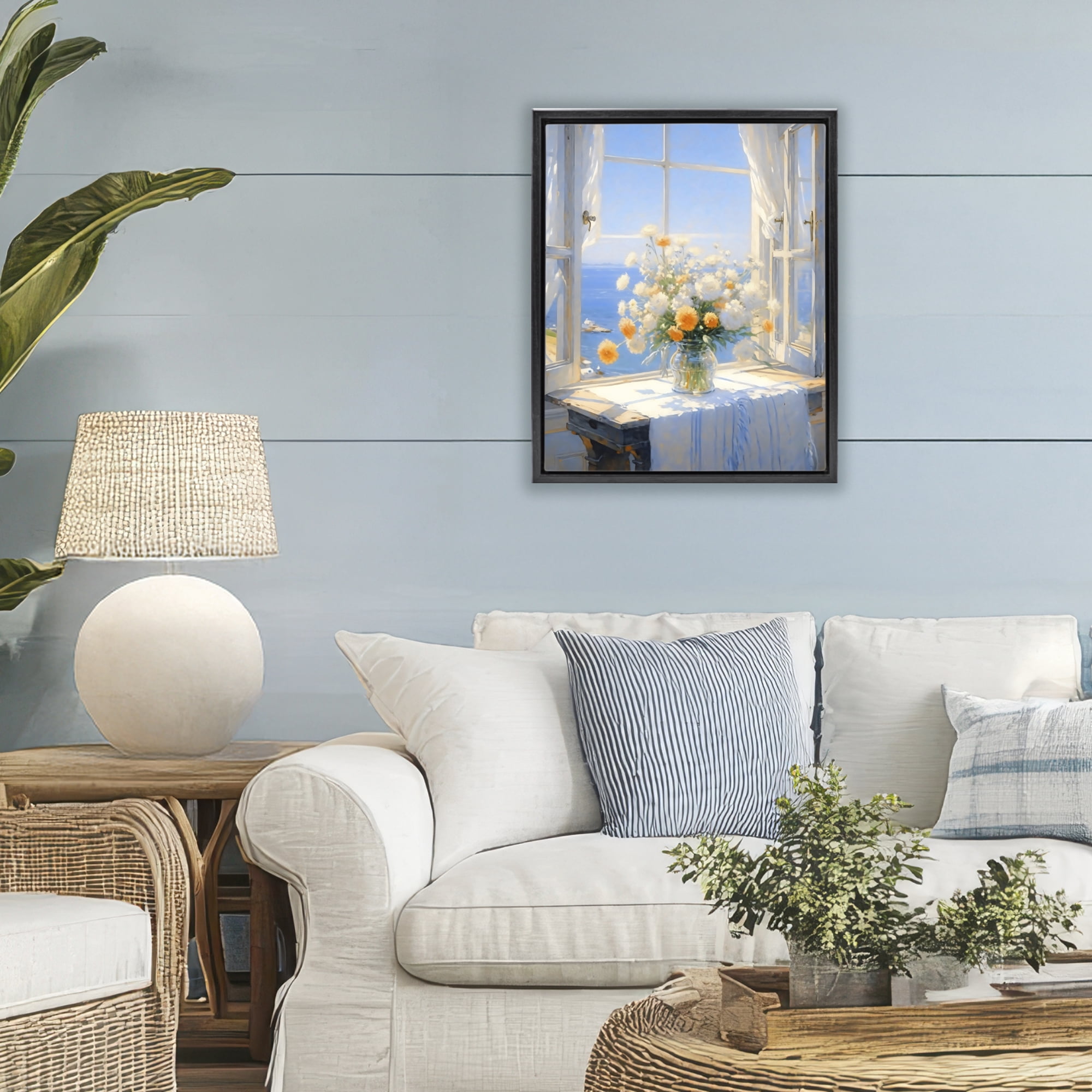 Stupell Industries Floral Window View of Sea Black Framed Floater Canvas Wall Art, design by Creative Studio