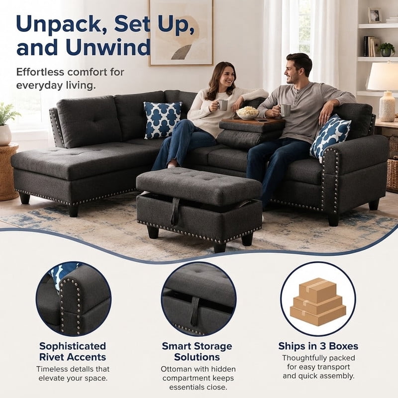98" L-Shaped Sectional Sofa with Storage Ottoman, 4-Seat Linen Upholstered Modular Couch with Left Chaise, Drop-Down Backrest with Cup Holders, Nailhead Trim, 3-Piece Sofa Set for Living Room, Office