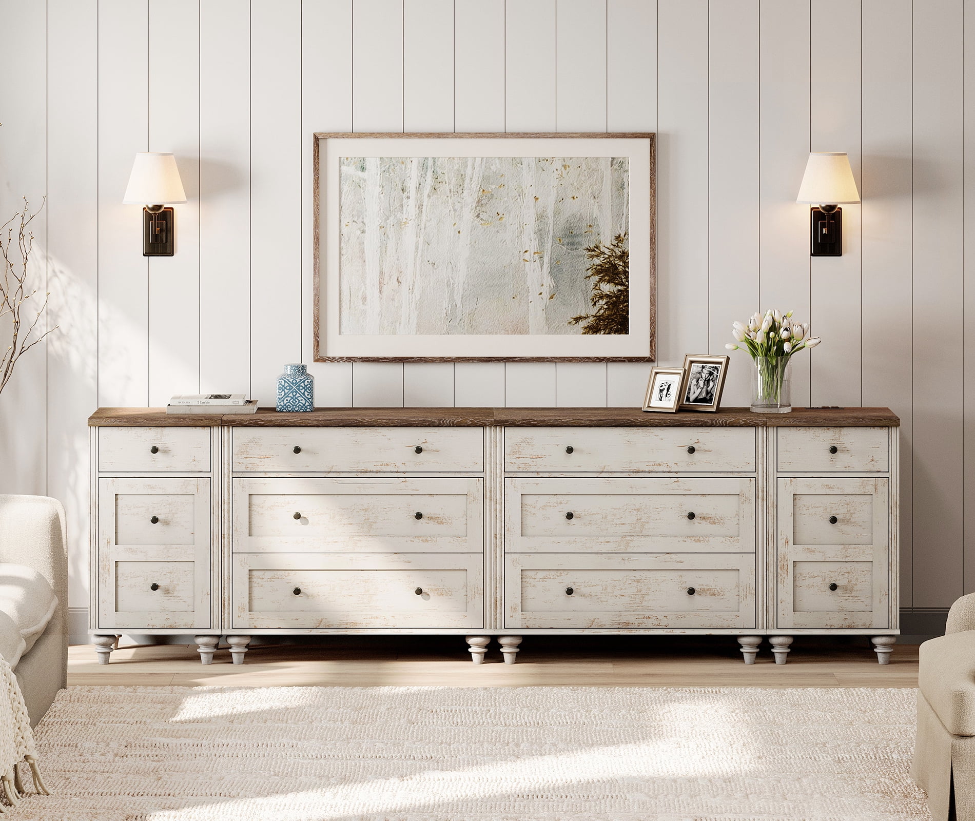 WAMPAT Dresser for Bedroom with 8 Drawers and 2 Storages, Nightstands with Charging Station for Living Room, Dressers with 3 Wide Chests of Drawers, Hallway, Rustic White