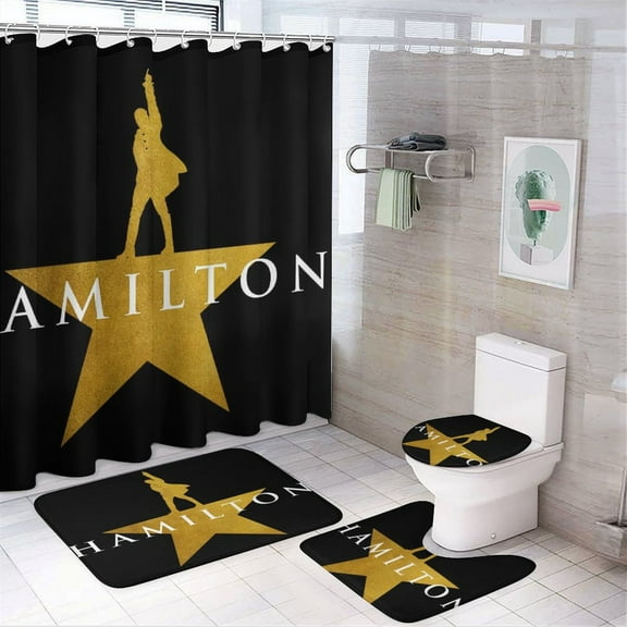 Hamilton The Musical Shower Curtain Set for Decor,Nons Slip Bathroom Rugs U Shaped Bath Mat Toilet Lid Cover 4 Piece Set with Hooks 72x72inch