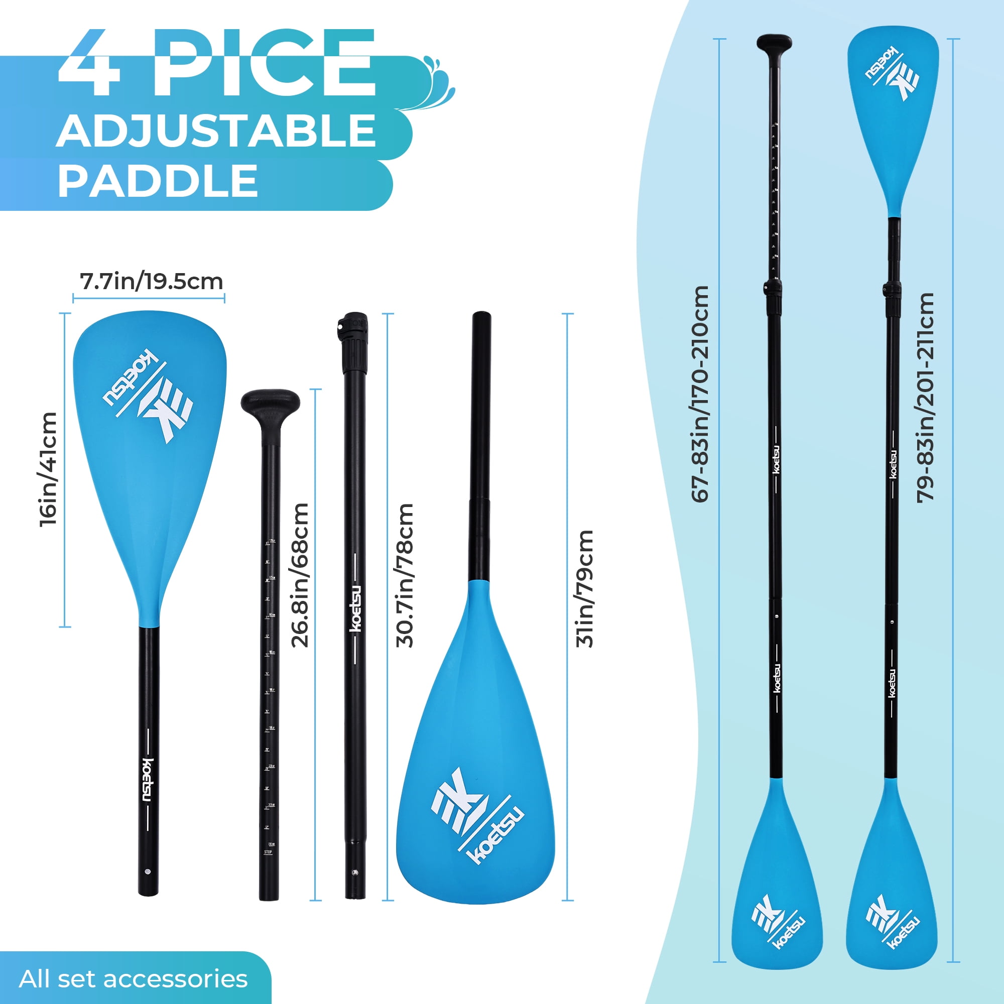 Kayak Paddle SUP Paddle,KOETSU 2-in-1 Adjustable Aluminum Alloy Boat Paddle Oars 67-83in, Detachable Canoe Board Paddle with Anti-Slip Grip,Blue