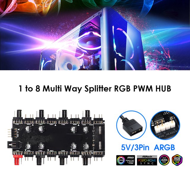 Centro De Fans De Argb Ventilador Argb De 5 V/3 Pines Pwm Hub Divisor De 1 A 8 Puertos Para Placa Base De Pc (4D)