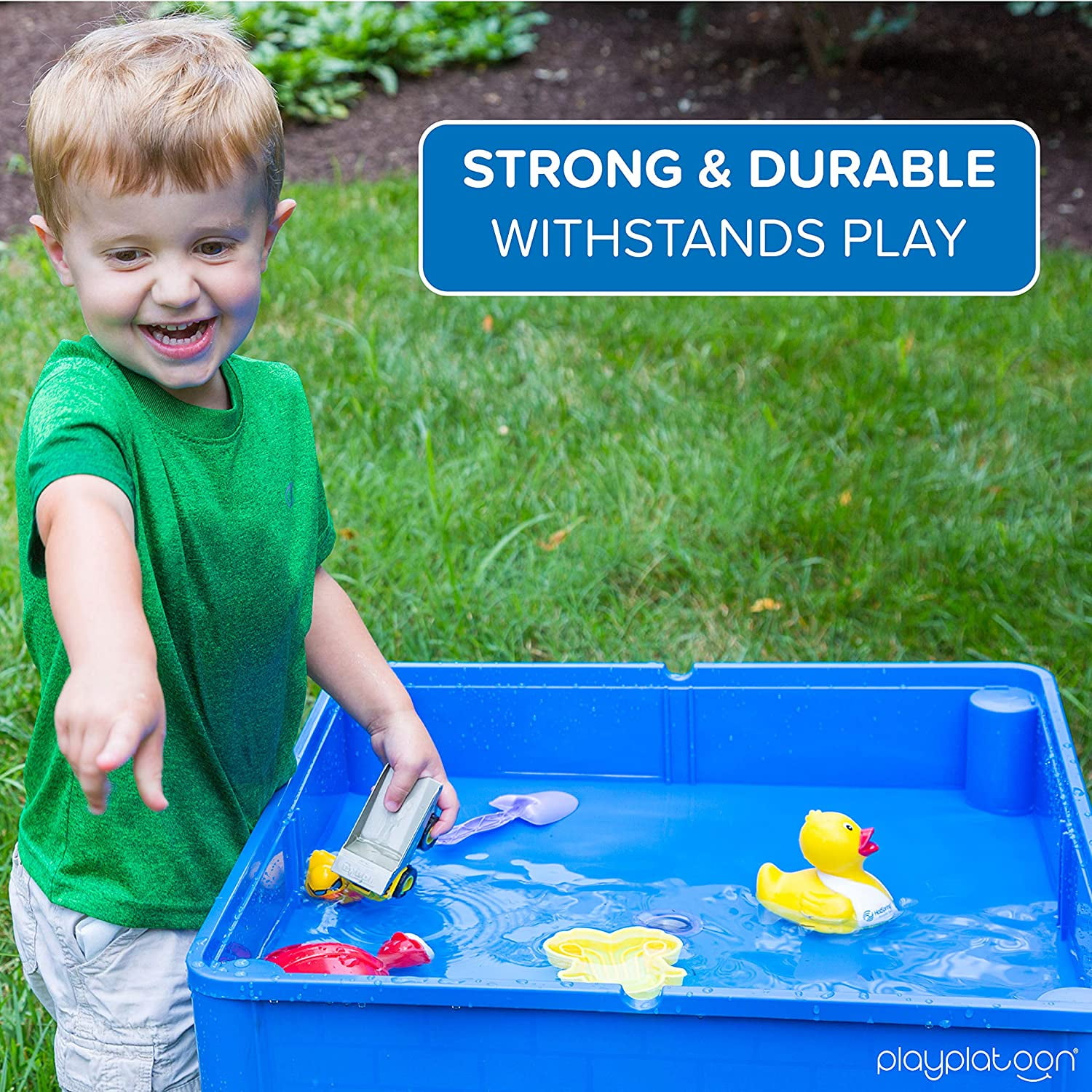 3 in 1 Water Table Blue and Green Play Platoon Kids Activity Table Set Includes 2 Chairs and 25 Jumbo Bricks Craft Table and Building Brick Table with Storage
