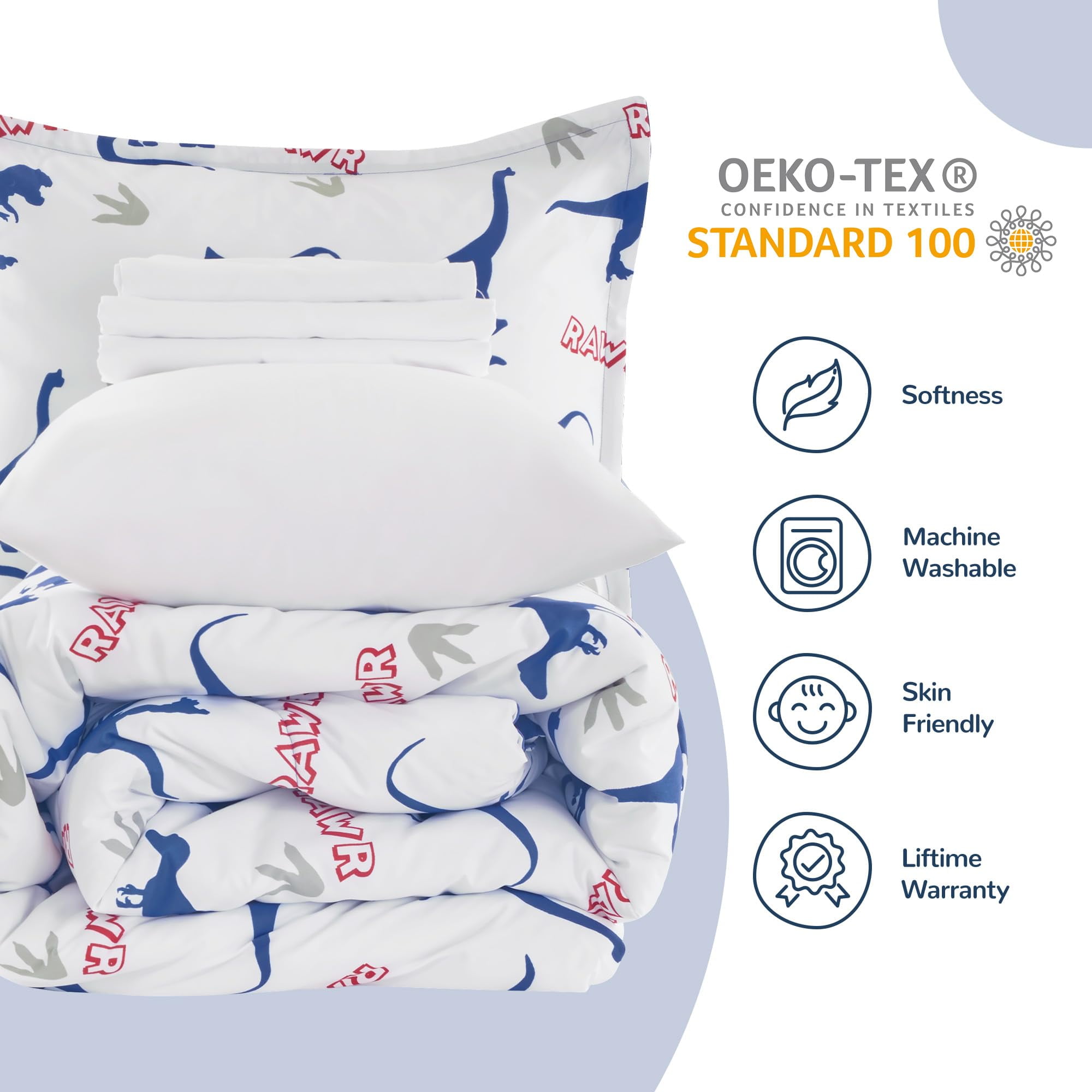 Sleep Zone Cartoon Dinosaur Comforter Set, Dark Blue Kids Bedding Set for Boys, Dinosaurs Print Comforter, Sheet, Pillowcase & Sham (Dinosaur Footprints, Twin)
