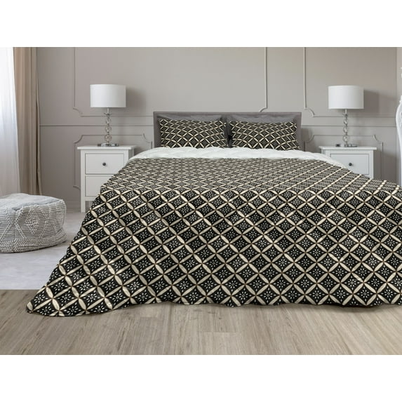 Boho Comforter & Sham Bedding Set, Antique Geometric Folk Pattern in Earth Tones Traditional Retro Art, 3 pcs Duvet Set Microfiber Filling Quilt, 5 Sizes, Dark Brown and Beige, by Ambesonne