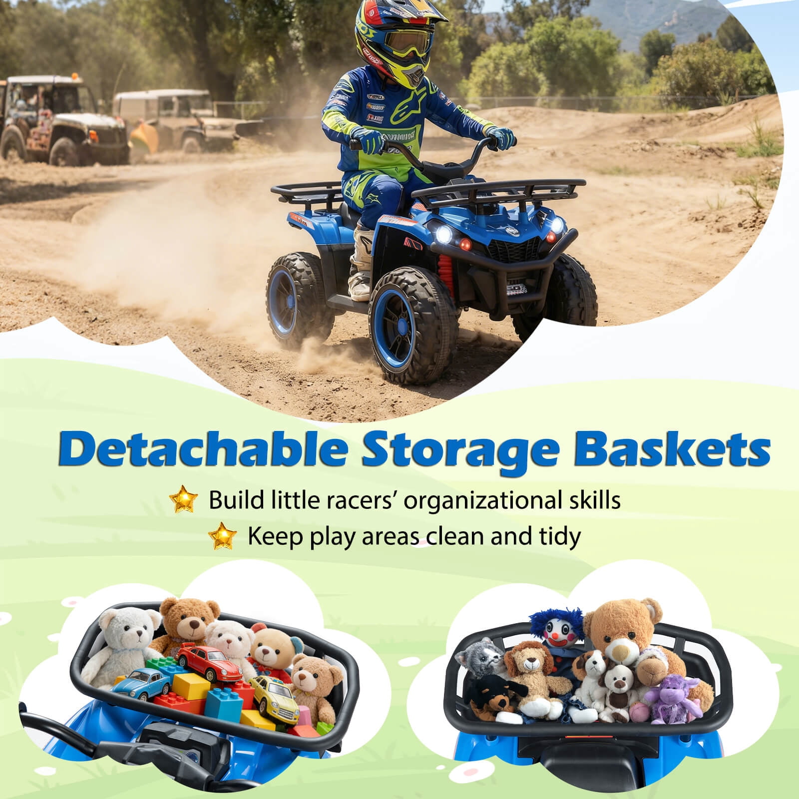 Costway 24V 4-Wheeler Ride on Toy with Slow Start, Songs, Stories, Tunes, MIC/SD/USB Port Blue