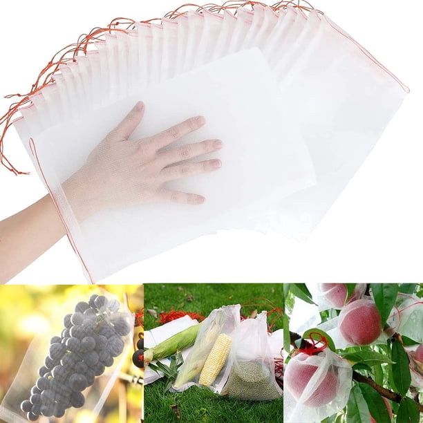 100 Uds. Bolsa de protección para plantas y frutas de jardín bolsa de red con cordón insectos plagas de mosquitos pájaros bolsas protectoras para jardín 25cm X 15cm
