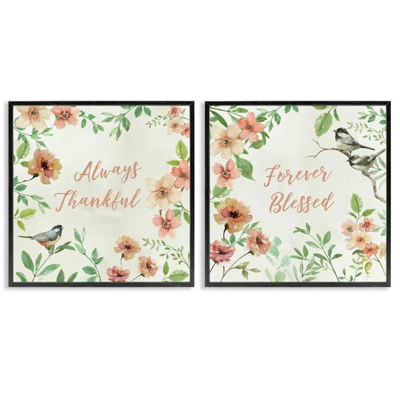 Stupell Industries Always Forever Bird Plants & Flowers Painting Black Framed Art Print Wall Art, 12 x 12, Set of 2