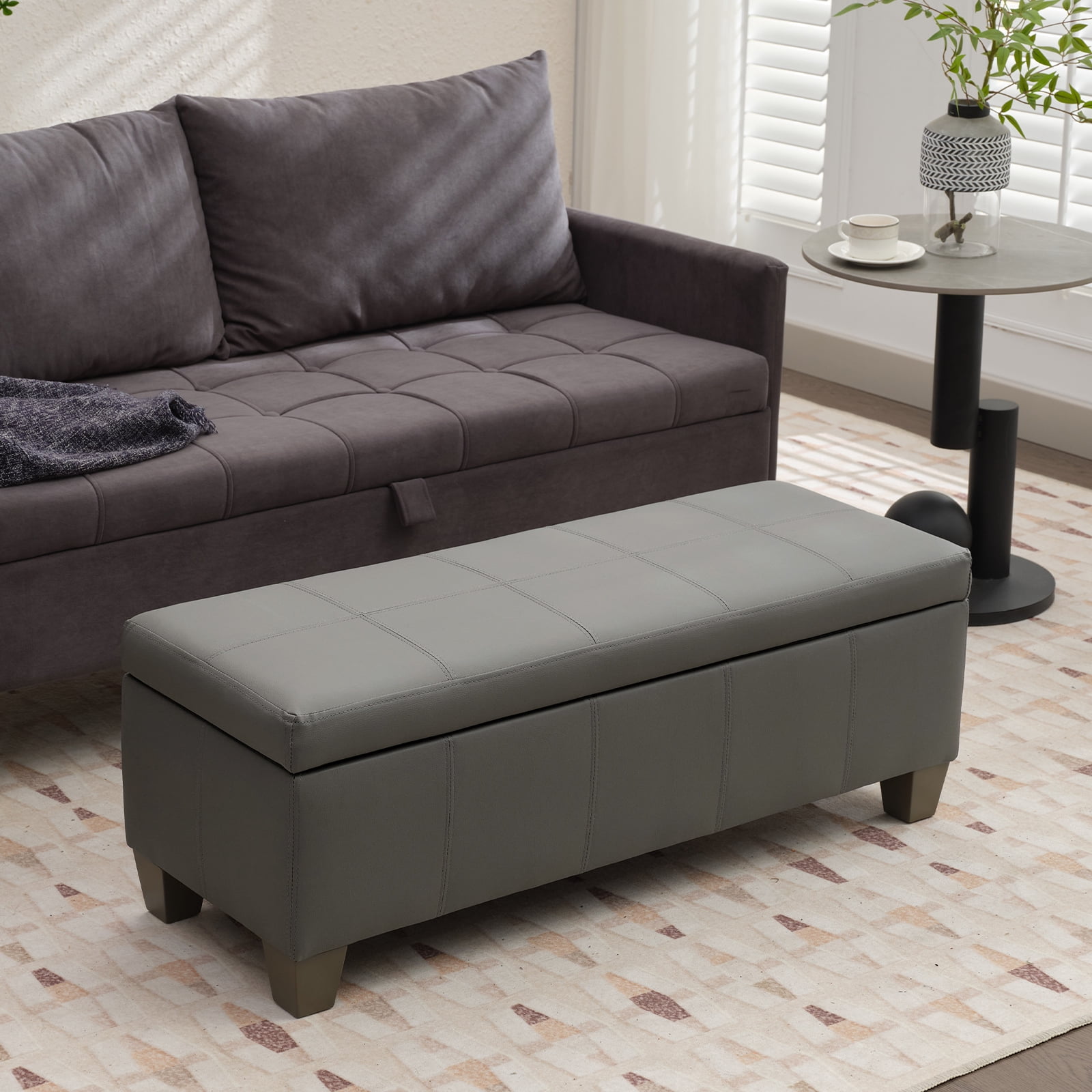 Foredo Rectangle Ottoman with Storage, Modern Faux Leather Bench with Solid Wood Legs, Ottoman for Living Room, Bedroom and Entryway, Gray