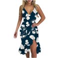 thumbnail image 2 of ICHUANYI Clearance Women Sexy V-Neck Sleeveless Ruffle Low-cut Splicing Printing Slit Sling Dresses(Navy, M) ICHUANYI WER2023081114923, 2 of 5