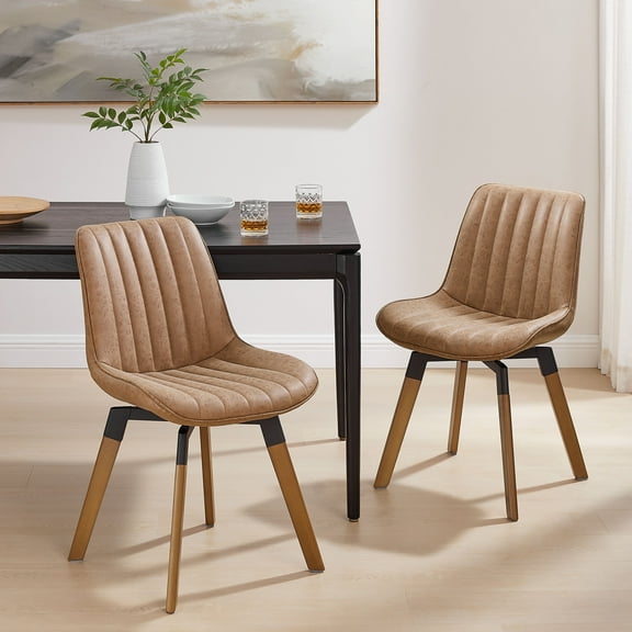 Art Leon Dining Chairs with Wooden Legs, Swivel PU Leather, Set of 2,Brown