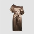 thumbnail image 5 of SELONE Leather Outfits for Women 2 Piece Outfits Pants Sets Elegant Fashionable Faux Leather Dress With Elastic Inclined Collar Lady's Short Sleeves Dress 23-Coffee XL, 5 of 5