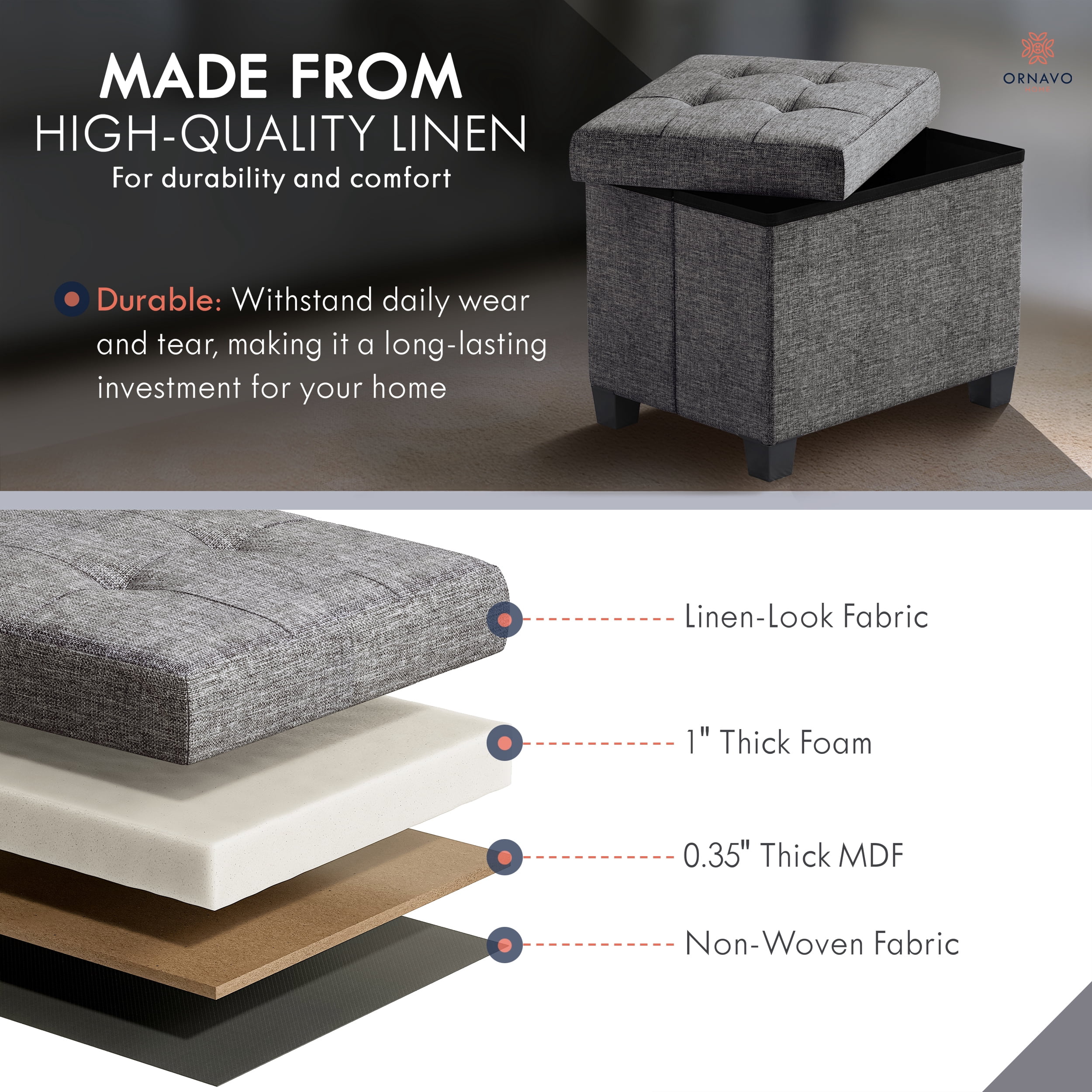 Ornavo Home Storage Ottoman Small Rectangle Ottoman with Legs, Foot Rest Stool Seat, Load up to 600 LB, for Living Room, Bedroom, Home Office, Dorm - 12 x 16 x 12, Dark Gray