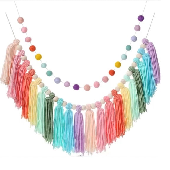 2-Piece Boho Tassel & Pom Pom Garland - 6ft Long with 20 Balls, Colorful Pastel Banner for Wall Hanging, Wedding, Birthday, Baby Shower & Home Party Decor