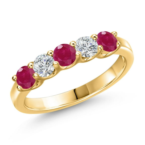 Gem Stone King 18K Yellow Gold Plated Silver Red Ruby and Lab Grown Diamond Wedding-Bands Ring for Women | 1.09 Cttw | Round 3.5MM | Gemstone July Birthstone | Size 5