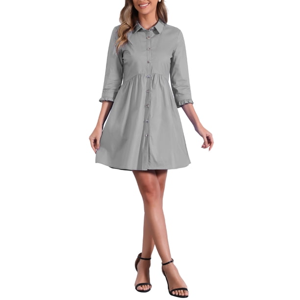 Vestido de camisa para mujer INSPIRE CHIC de manga 3/4, con botones, mini vestido gris M
