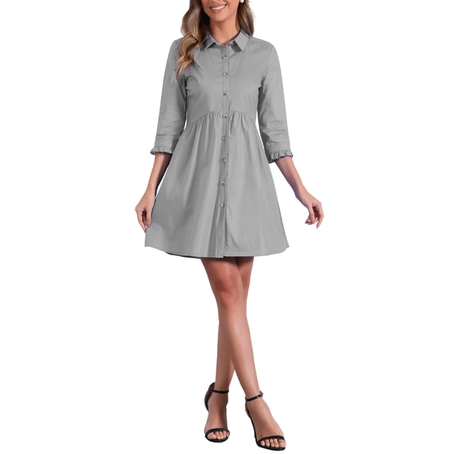 Vestido de camisa para mujer INSPIRE CHIC de manga 3/4, con botones, mini vestido gris M