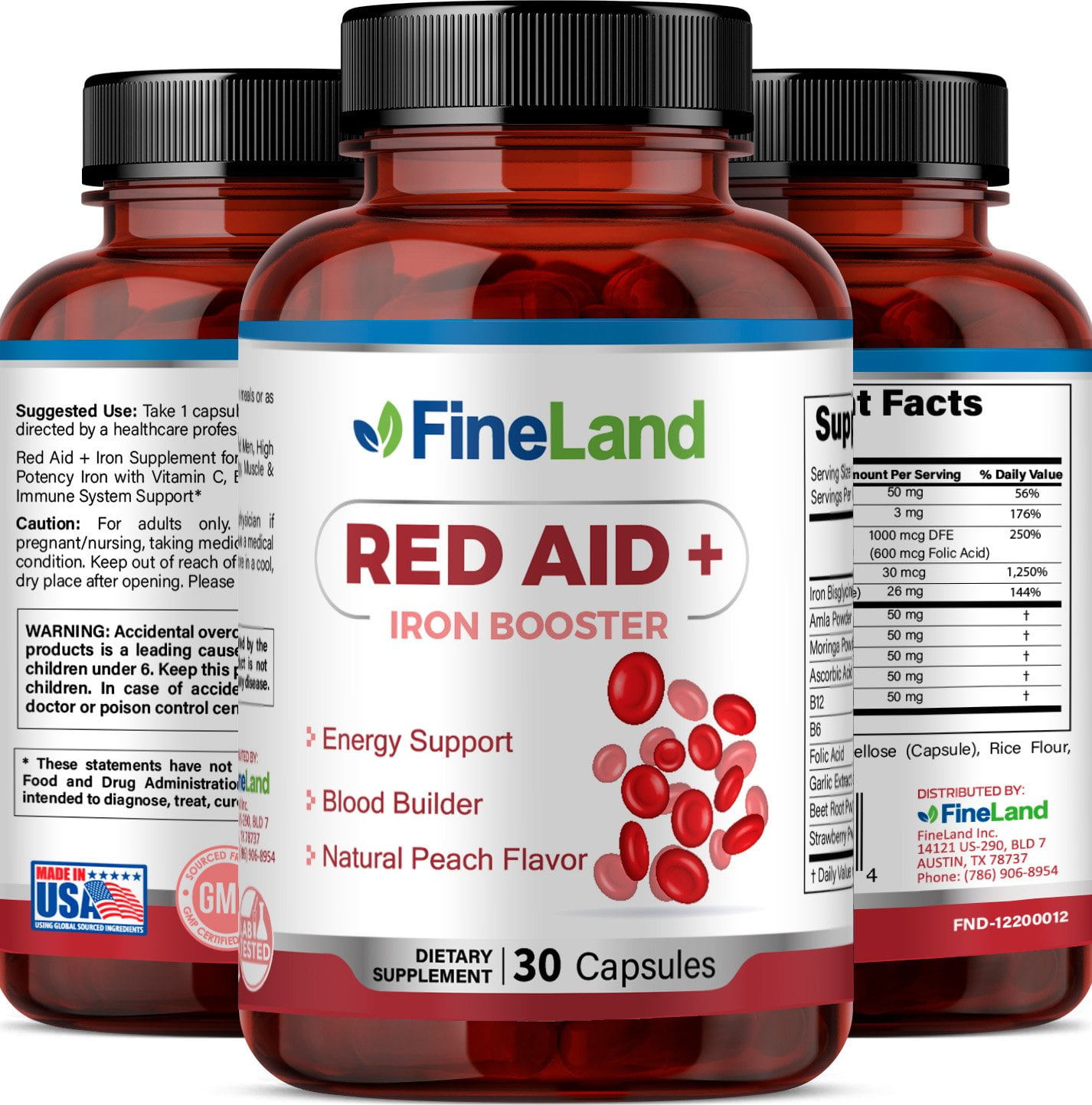 Fineland Vitamins Red Aid+ Iron Supplements Peach Flavor 60 Capsules