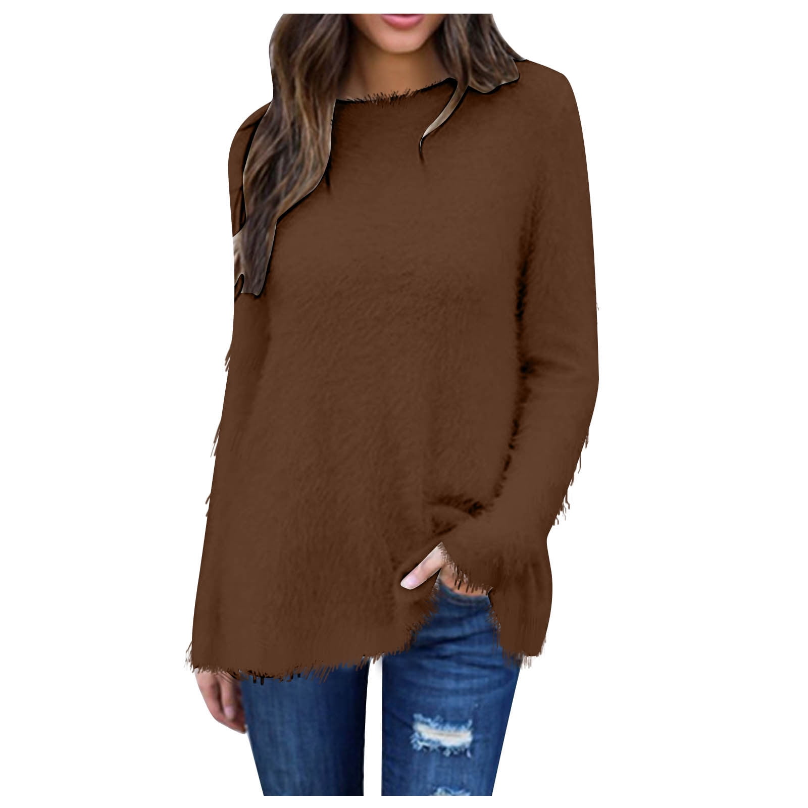 FAIWAD Women's Sweater Long Sleeve Round Neck Sweater Fall Winter Cusual Solid Color Pullover Tops
