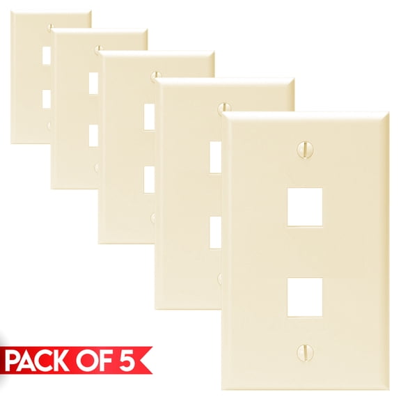 Cmple - [5 Pack] 2 Ports Keystone Wall Plate, Snap-In Keystone Jack Faceplate, QuickPort Wall Plate, Single Gang Wallplate with Two Standard Size Keystone Hole, Ivory