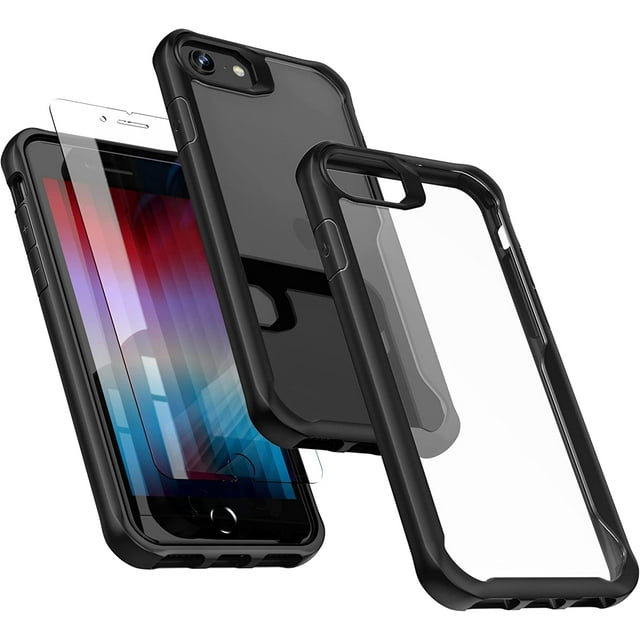 SURJDE Clear Case for iPhone SE 2022,iPhone SE 2020 Case with Screen Protector Tempered Glass,Shockproof Hard PC Back Soft TPU Sides Bumper iPhone SE 3 Case for iPhone SE 2020/7/8 Case Black
