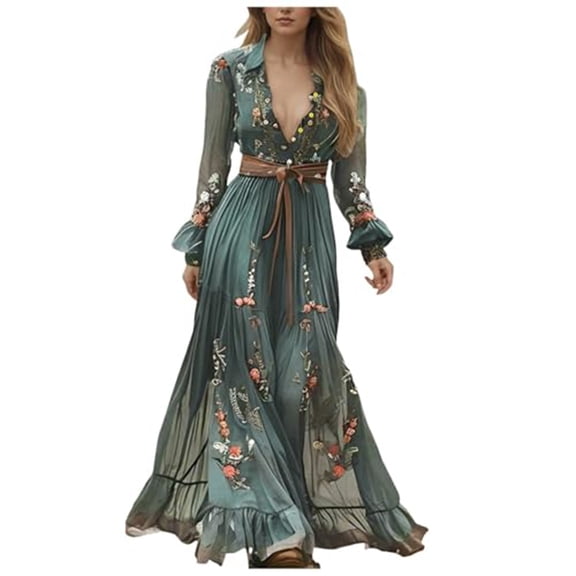longantii Womens Vintage Western Cowgirl Dresses, Lace Deep V Neck Long Sleeve Maxi Dress, Vintage Boho Western Dresses Army Green XXL