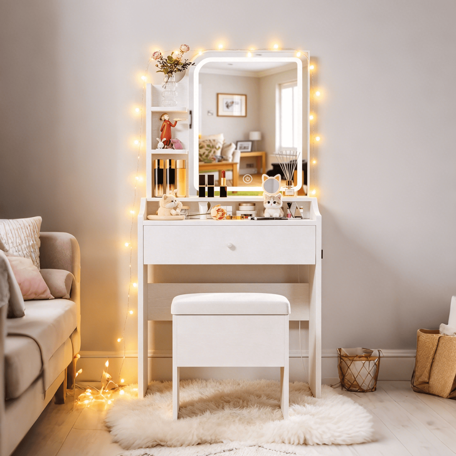 White vanity set includes smart LED mirror, women's bedroom makeup table with storage; suitable for bedrooms, living rooms, dormitories, etc.