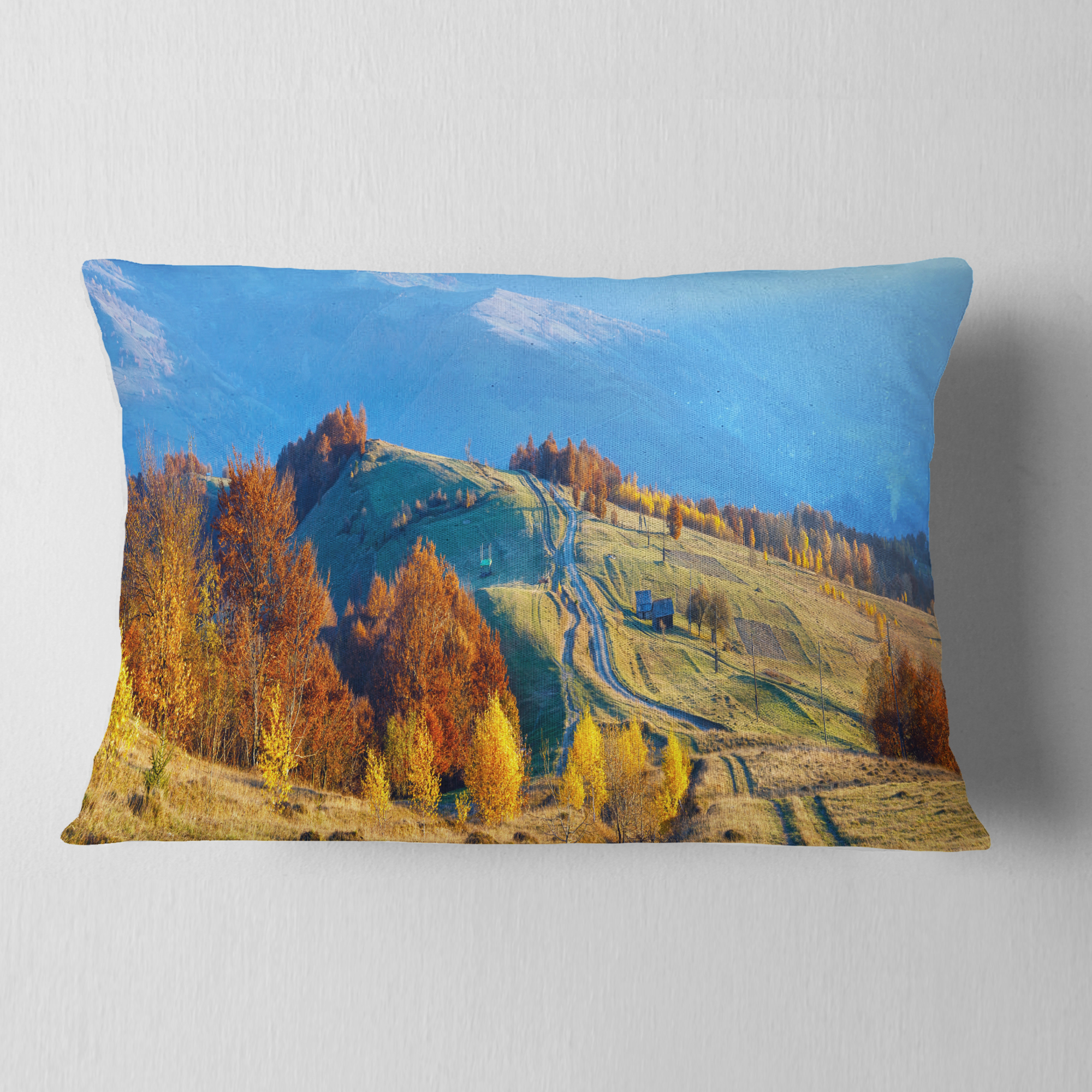 Designart Rural Road on Autumn Mountains - Landscape Printed Throw Pillow - 12x20