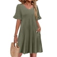 thumbnail image 2 of Delconic Women’s Short Sleeve V Neck Ruffle Hem Casual Loose Fit Dress with Pockets for Daily Wear and Leisure Activities Army Green L, 2 of 5