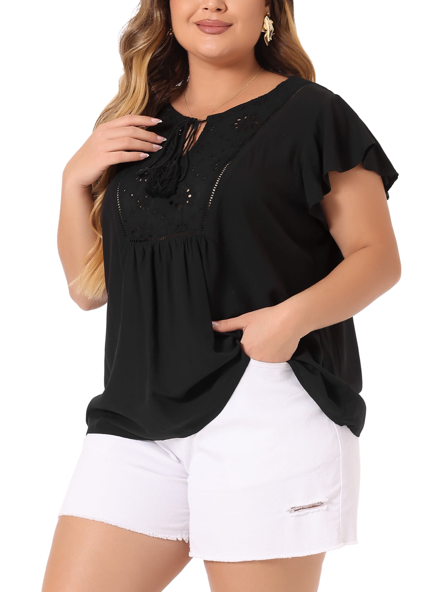 DARING DIVA Women's Plus Ruffle Sleeve Peasant Tie Neck Boho Top 2X Black