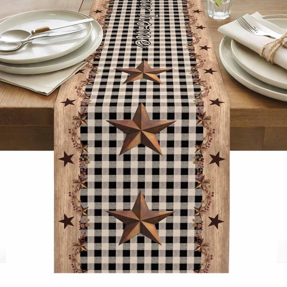 Western Texas Star Vintage Table Runner - 70 Inch Long, Kitchen Dining Table Runner Dresser Scarves, Rustic Wreath Wood Black Plaid Farmhouse Decor for Coffee Tables Wedding Party Banquet