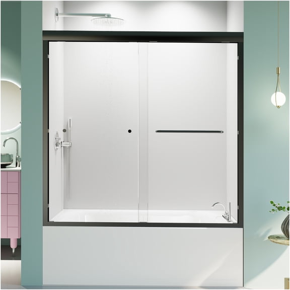 JERFIT 56-60 inch Matte Black Semi-Frameless Double Sliding Shower Tub Door, 1/4" Thick Tempered Glass, Bypass Bath Enclosure with Waterproof Seal