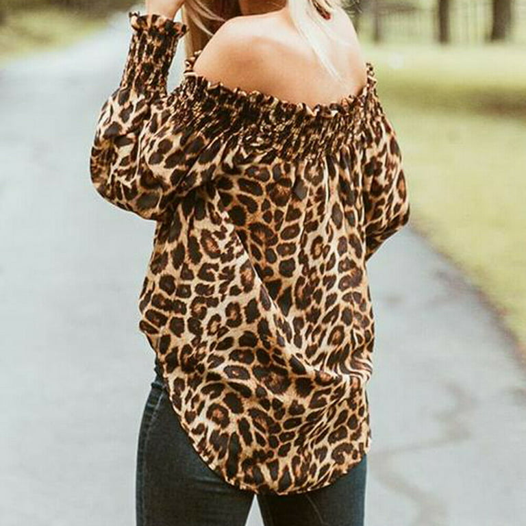 Women Lady Casual Shirt Off Shoulder Leopard Print Blouse Long