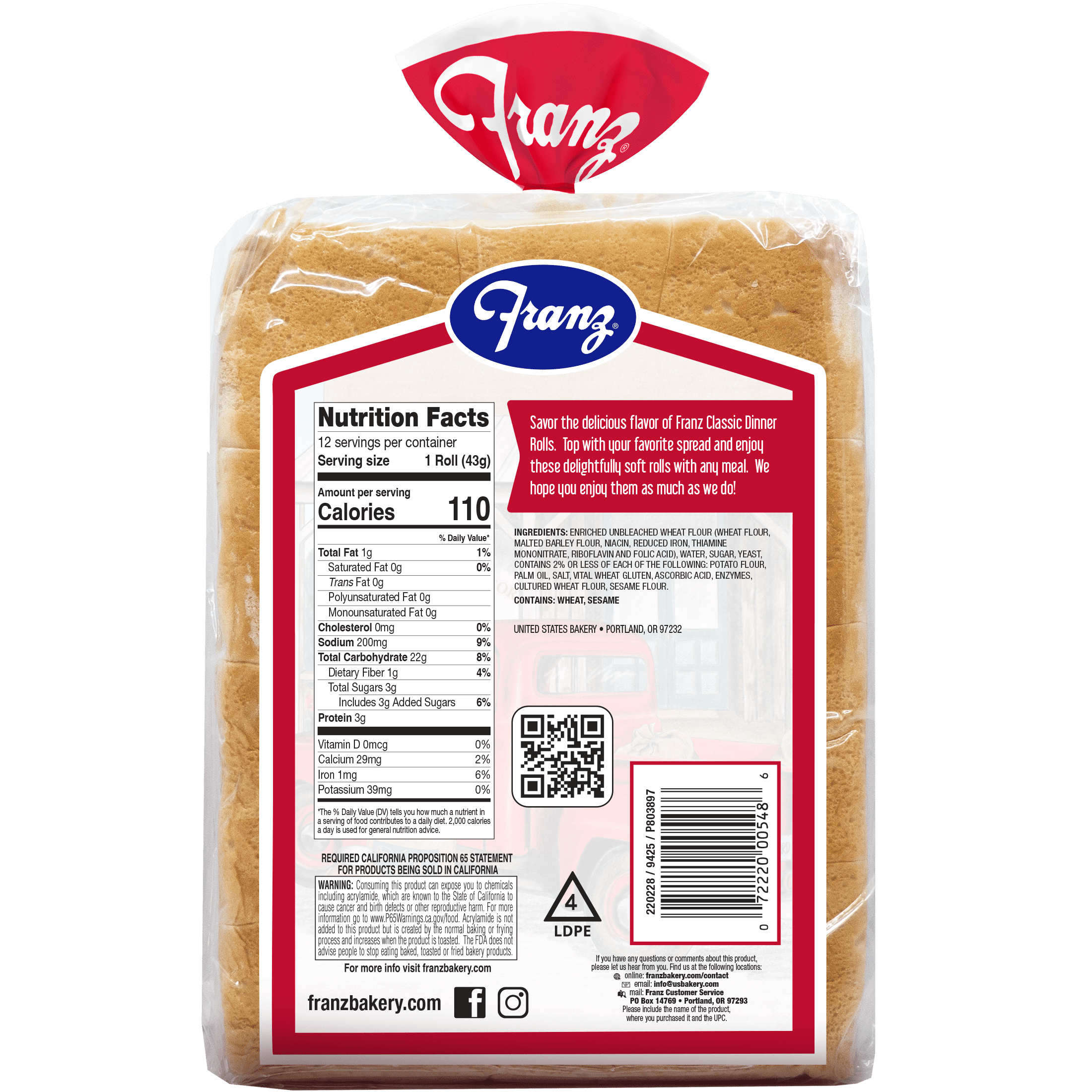 Franz Classic Dinner Rolls, 18 oz, 12 Count