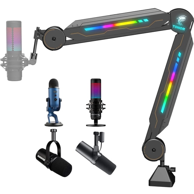 Bras de Perche RGB, Support de Micro TONOR Réglable avec Lumière RGB, Adaptateur de Vis 5/8, Excellente Compatibilité, Ciseaux de Suspension Rotatifs