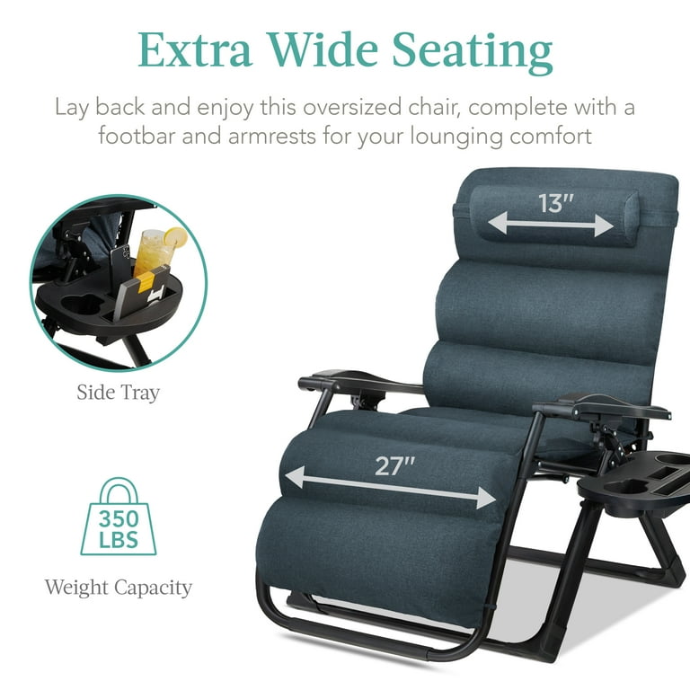 Best Choice Products Oversized Zero Gravity Chair, Folding Recliner w/ Removable Cushion, Side Tray - Graphite Blue