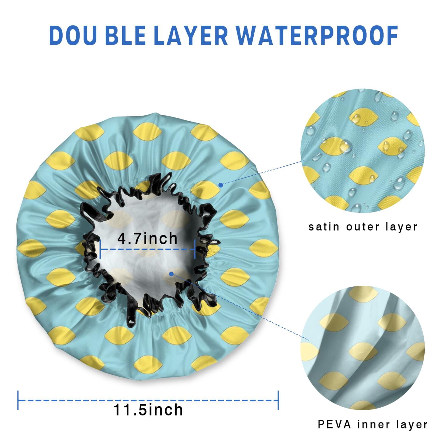 Shower Caps,Yellow Lemon Fruit Shapes LightBlue Pattern Waterproof Shower Cap for Women 4 Pieces,Double Reusable Hair Cover for Shower PEVA Elastic Stretch Hem