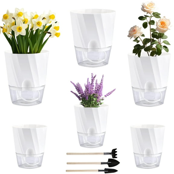 Fabulas Self Watering Planters, 6 Pack 4.5/5.9 Inch Plastic Self Watering Planter Pots with Wick Rope and Reservoir for Indoor Plants, African Violets, Orchid, Flowers, Herbs, White