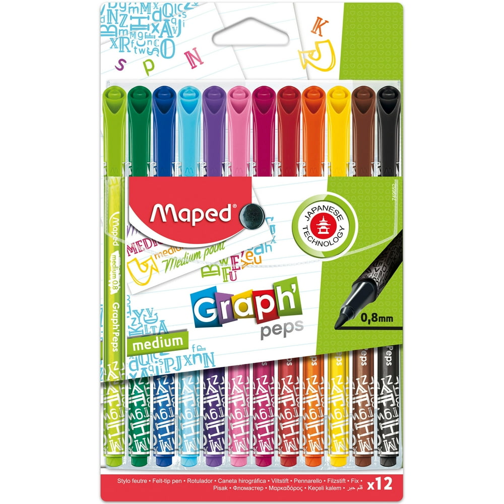 Maped Graph'Peps Medium Tip Triangular Felt Pens in Reusable Case 12