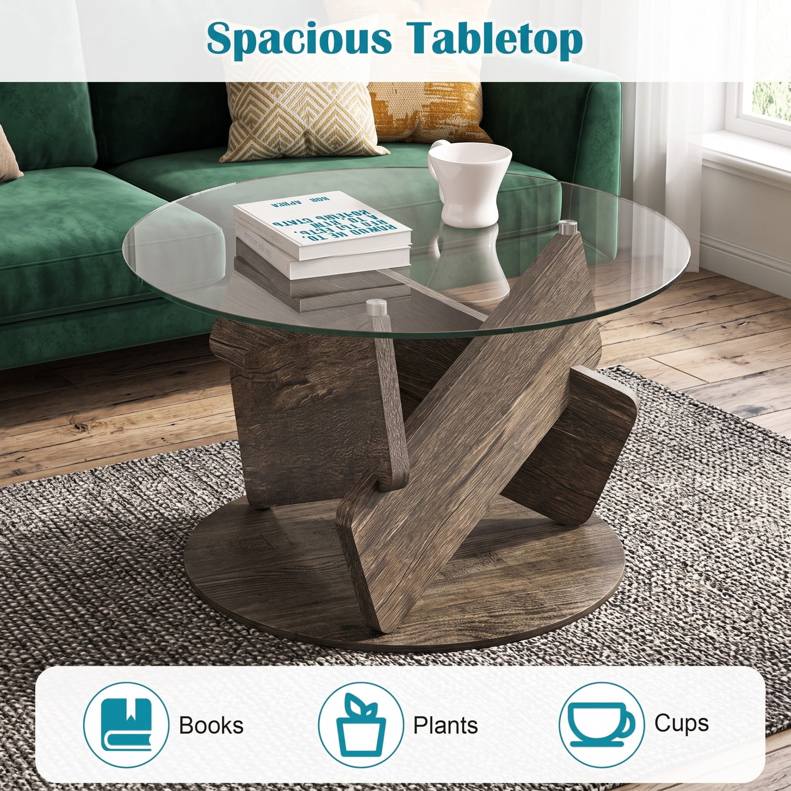 Furnibear Round Glass Coffee Table, 32 Inch Modern Center Table with Tempered Glass Top and Solid Rubberwood Base for Living Room Office Reception, Gray