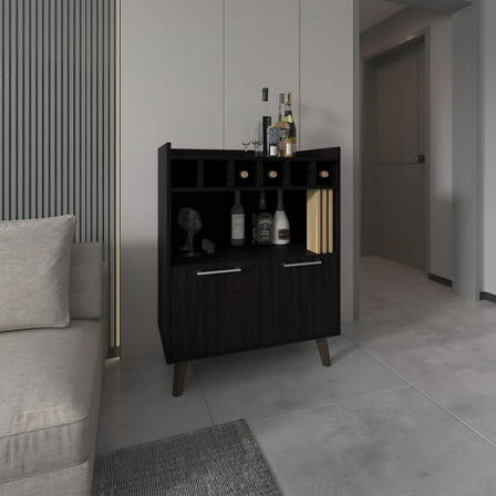 Bar Cabinet, 2 Doors, 1 Shelf, Black / Natural Oak