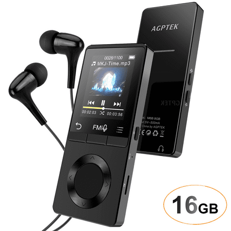 AGPTEK MP3 Player Loud Speaker, 8GB (16GB) Lossless Music Player Supports FM Radio Recording HD Headphones,up to 128GB