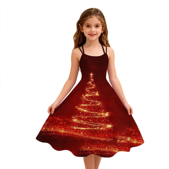 Abcomgle Girls Christmas Dresses Size 10-12 Funny Glitter Xmas Tree Midi Dress for Girls Cute Spaghetti Straps A-Line Dress Clothes for Girls Sleeveless Fall Swing Dresses for Girls