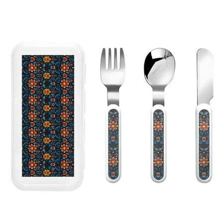 

Bingfone Mexican Flower Print Toddler Utensils Kids Silverware 3pcs Safety Stainless Steel Toddler Fork Spoon Knife Set Children Flatware Set