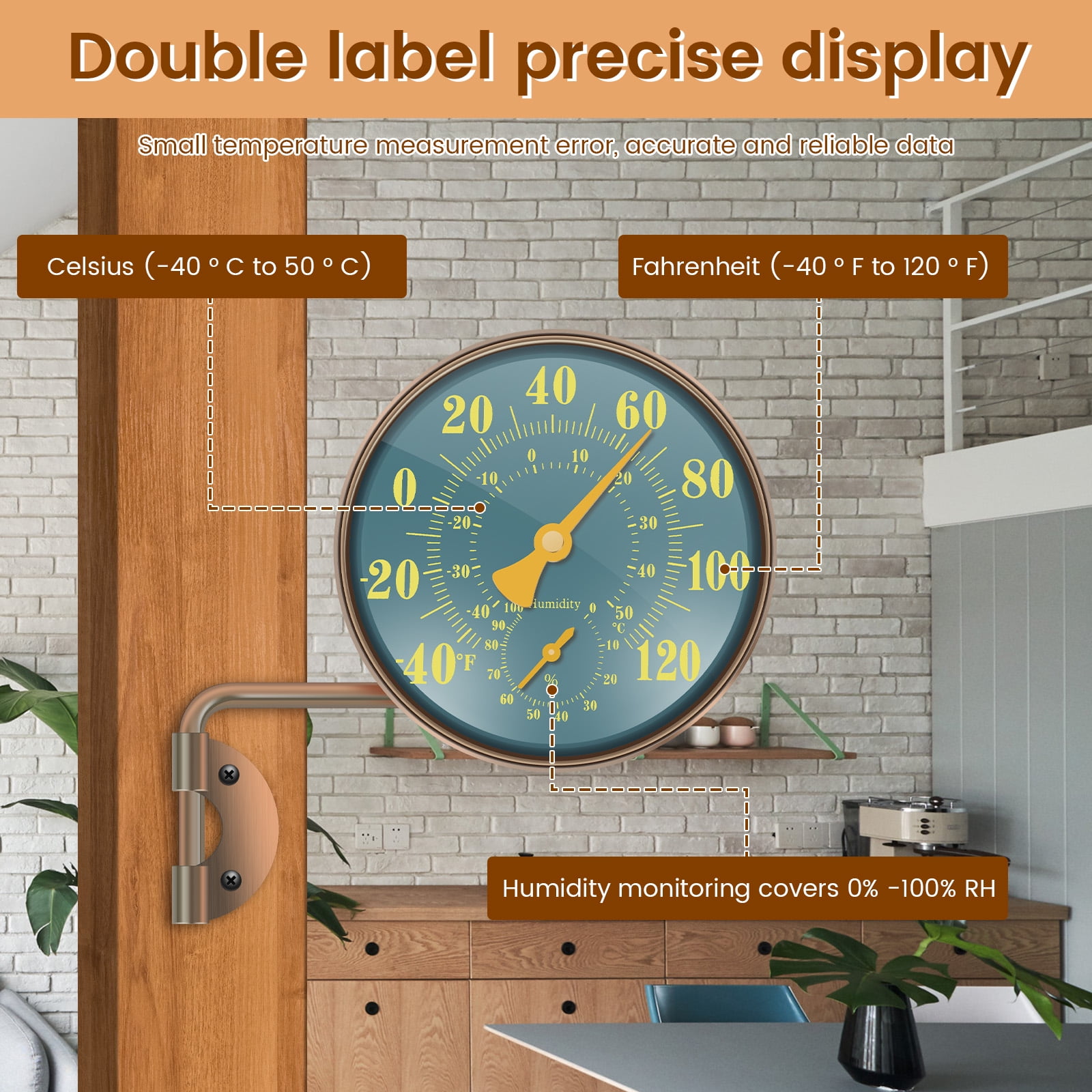 Threns Indoor Outdoor Thermometer Hygrometer - Waterproof Hanging Wall Thermometer Decorative Outdoor Thermometer Large Numbers, No Battery Needed Outdoor Thermometers for Patio